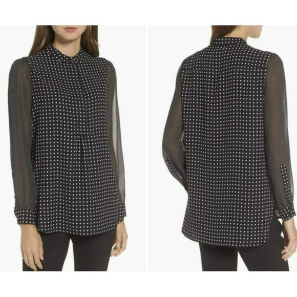 Anne Klein 0X Black White Polka Dot Blouse Long Sleeve Mixed Print Office Work - Picture 1 of 10